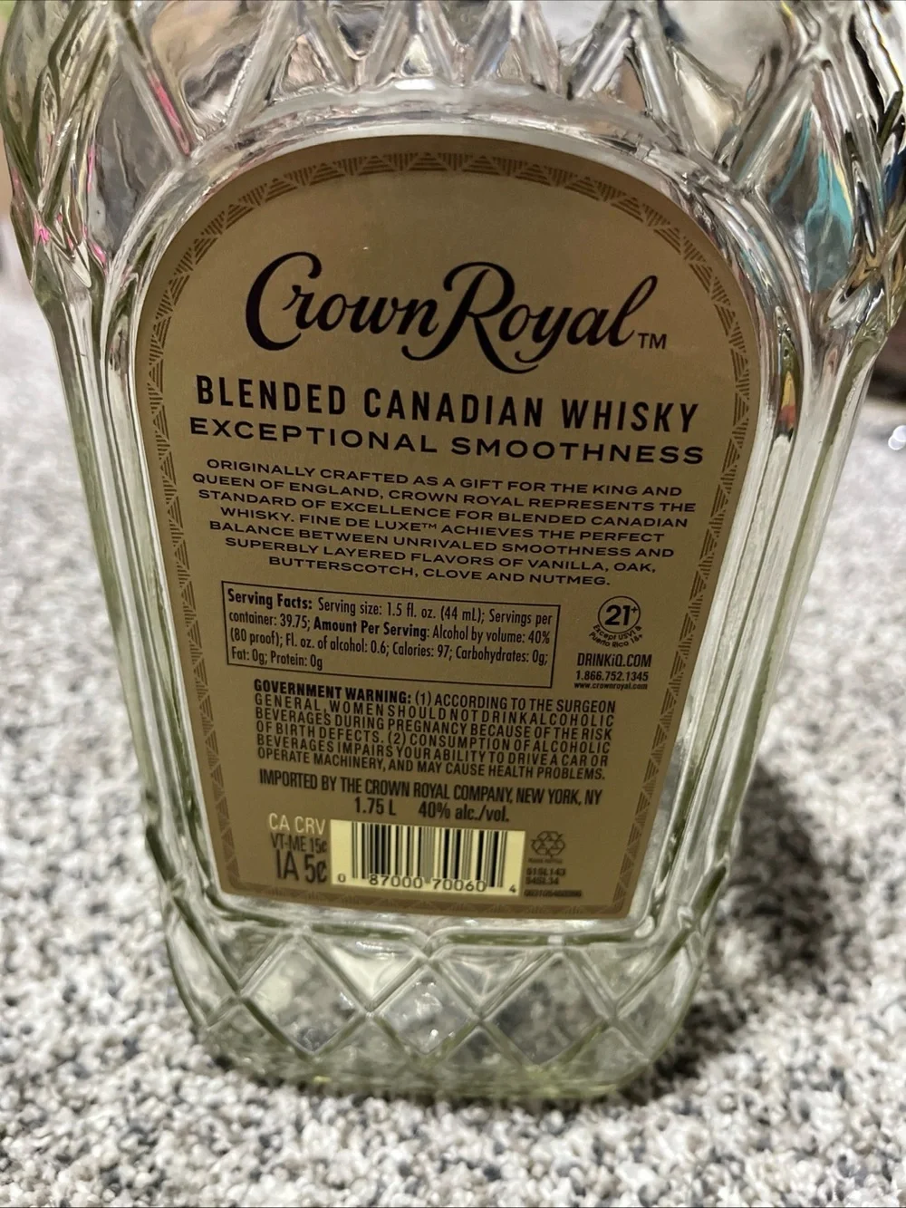 Crown Royal Fine De Luxe Canadian Whisky EMPTY Bottle 1.75 L
